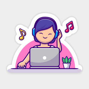 Girl Listening Music With Headphone And Laptop Sticker